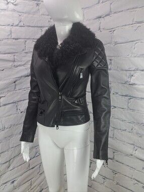 Burberry Women's Lamb Leather Jacket Black Shearling Double Breasted Italy 2 US